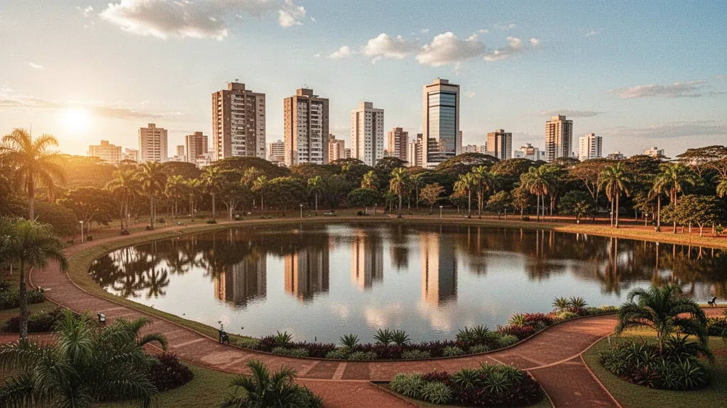 Mato Grosso do Sul, Brezilya'daki Parque das Nações Indígenas'ta gün batımında gölün yansıttığı Campo Grande silüeti