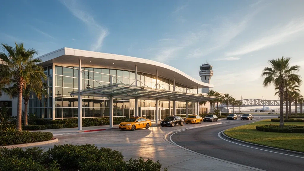 Terminal moderna de cristal y carriles de bajada en la acera del aeropuerto William P. Hobby en Houston bajo la cálida luz de la hora dorada