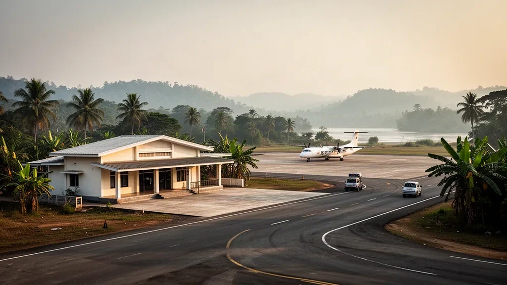 Low-rise terminal and quiet apron of a small airport in Myanmar's Chindwin valley, framed by tropical greenery at golden hour