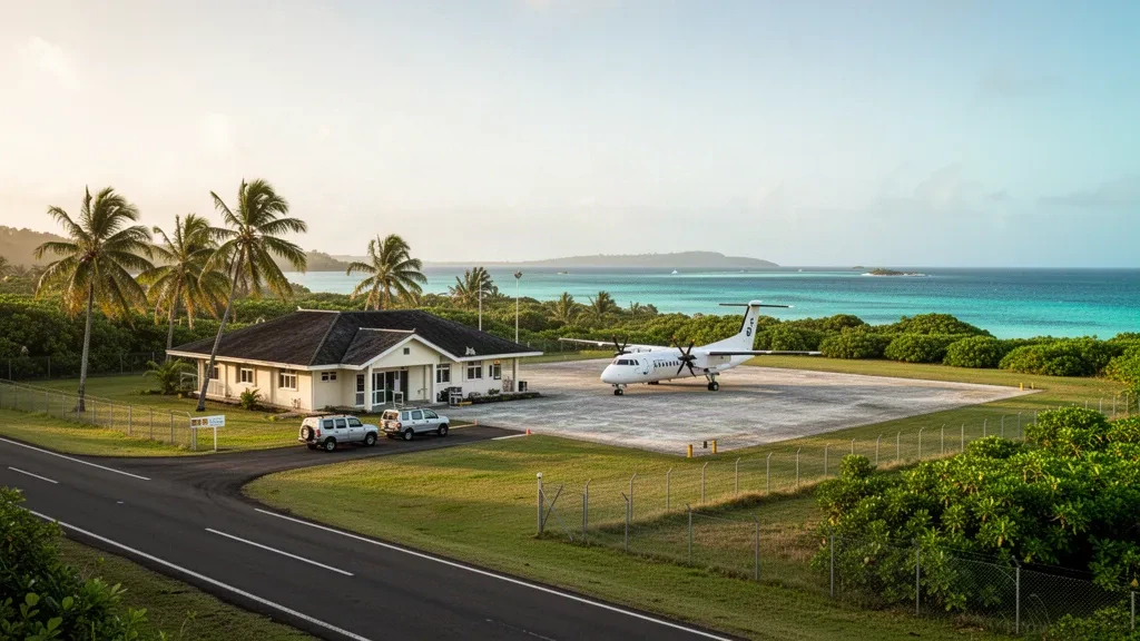 Bâtiment terminal tropical, palmiers et un petit avion de ligne sur le tarmac de l'aéroport de l'île de Lifuka à Ha'apai, Tonga.