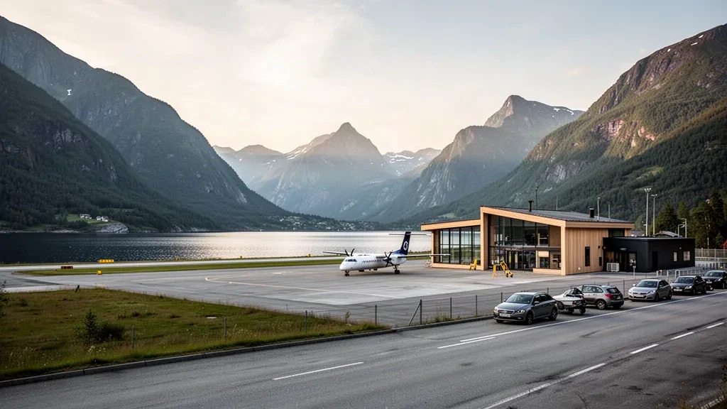 Terminal moderna y pista del aeropuerto de Ørsta-Volda en Hovden, Noruega, enmarcadas por montañas de fiordo y una suave luz nórdica.