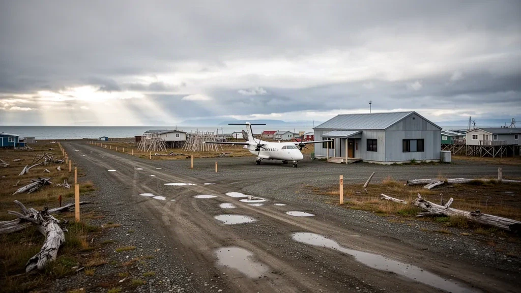 Aeroporto costiero remoto dell'Alaska con pista in ghiaia, piccolo terminal essenziale e aerei turboelica sotto un ampio cielo coperto del Mare di Bering