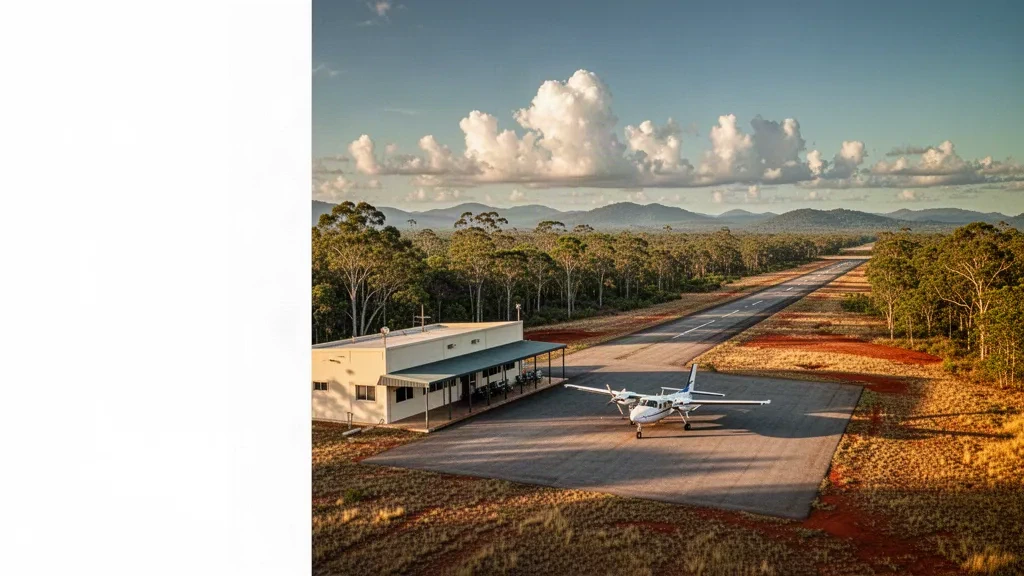 Petit aérodrome régional desservant Hope Vale dans la péninsule tropicale du cap York, Queensland, avec piste, aire de stationnement et terminal dans une lumière dorée