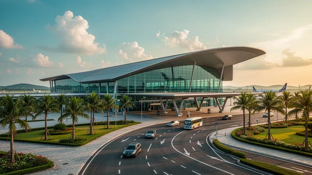 Modern glass terminal exterior at Cat Bi International Airport in Hai Phong, Vietnam, at golden hour with palm-lined access roads