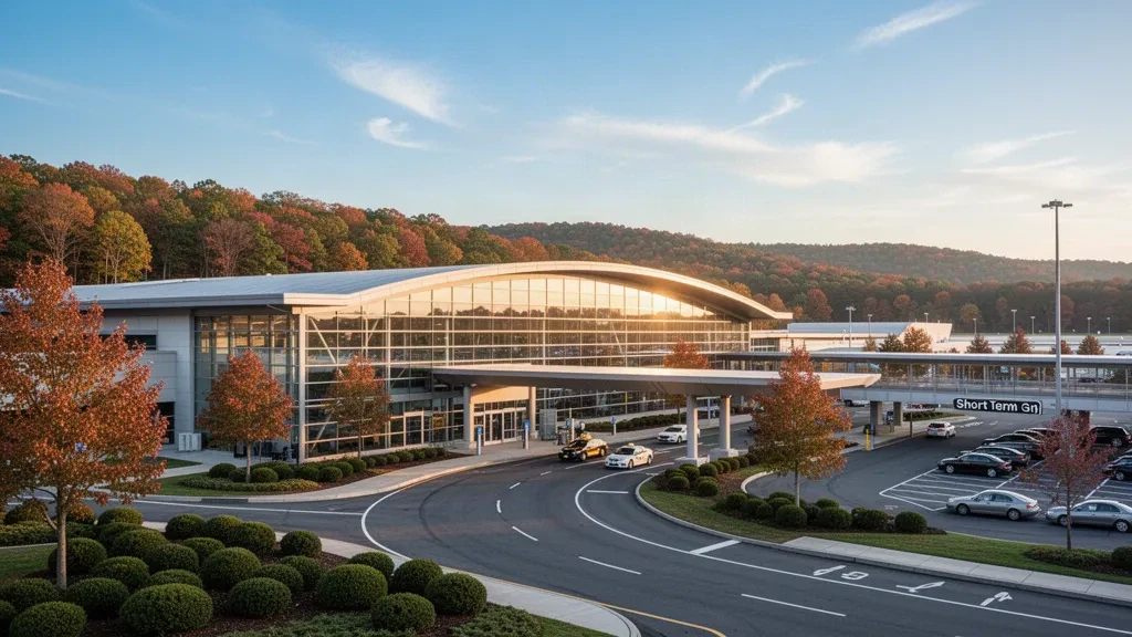 Esterno moderno del terminal in vetro e corsie di sosta al Westchester County Airport HPN a New York, circondato da colline boschive autunnali durante l'ora d'oro