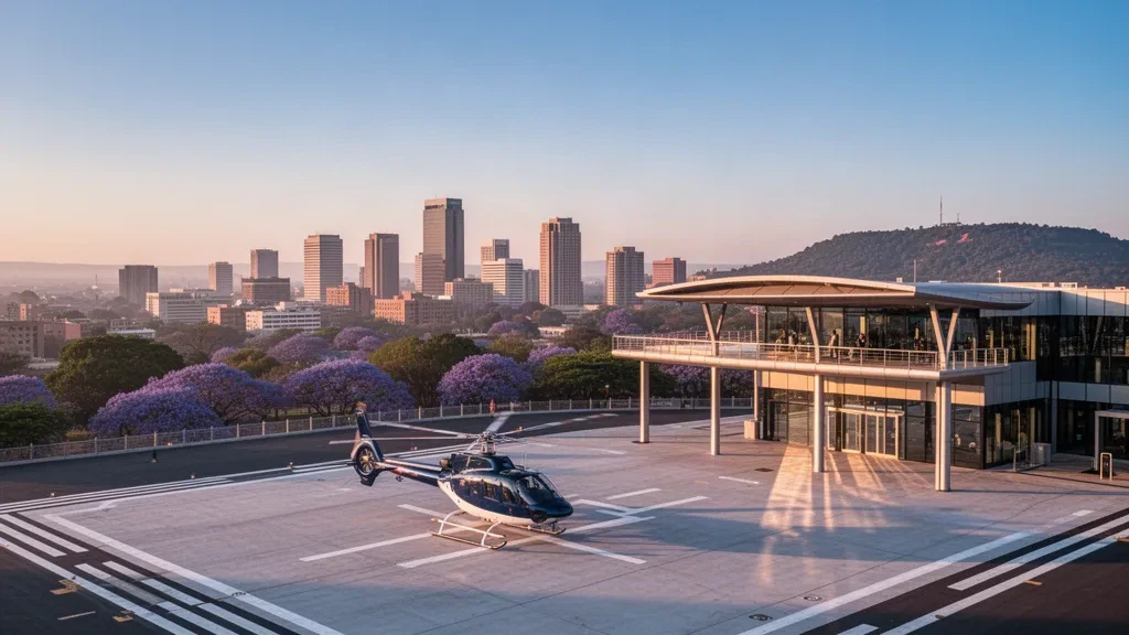 Hubschrauber auf dem Betonvorfeld des Pretoria Central Heliport zur goldenen Stunde, dahinter die Skyline der Stadt und von Jacarandas gesäumte Straßen.