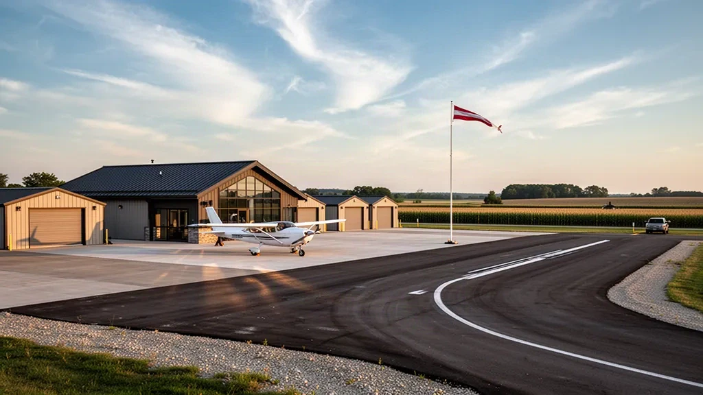 Hangares de aviación general, una avioneta monomotor estacionada y una pista tranquila en el Aeropuerto Municipal de Hampton, en la zona rural de Iowa