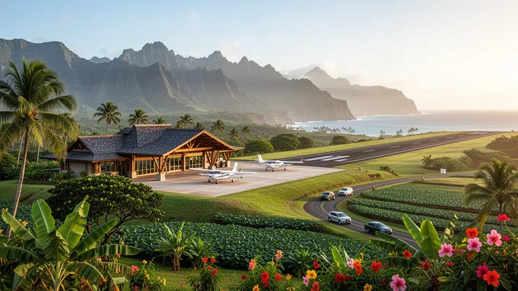 Pequeña terminal tropical y una única pista en el aeropuerto de Princeville, en la exuberante costa norte de Kauai, bajo la luz dorada de la mañana