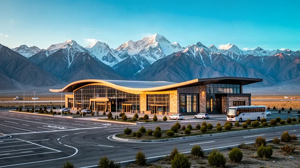 Modern glass terminal of Tashkurgan Khunjerab Airport on the Pamir Plateau, framed by snow-capped mountains at golden hour.
