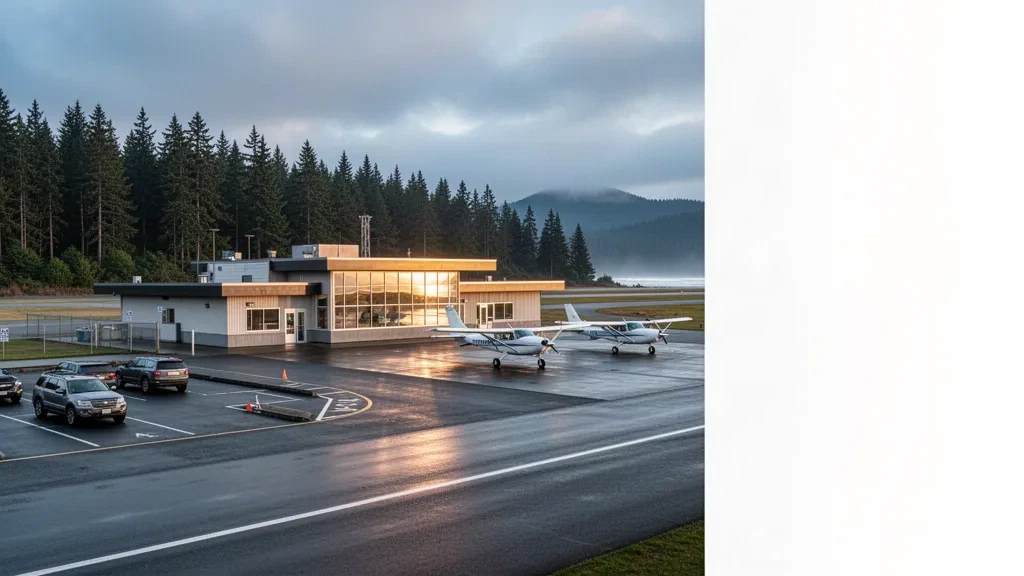 Small regional terminal and aircraft apron at Bowerman Airport in Hoquiam, Washington, under soft Pacific Northwest coastal light