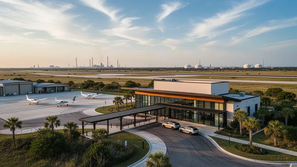 Baytown Havalimanı'nda altın saatte modern genel havacılık terminali, indirme-bindirme döngüsü ve apron üzerindeki hafif uçak