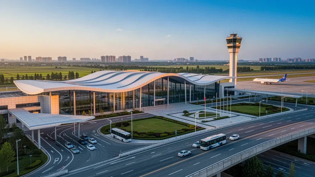 Modern glass terminal exterior at Anyang Hongqiqu Airport in Henan, with curved rooflines, access roads and golden-hour light