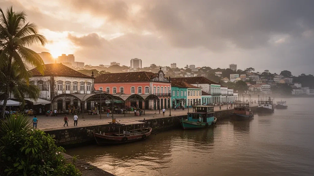 Vue à l'heure dorée du front de mer du marché Ver-o-Peso de Belém sur la baie de Guajará au Pará, Brésil, avec façades coloniales et bateaux fluviaux