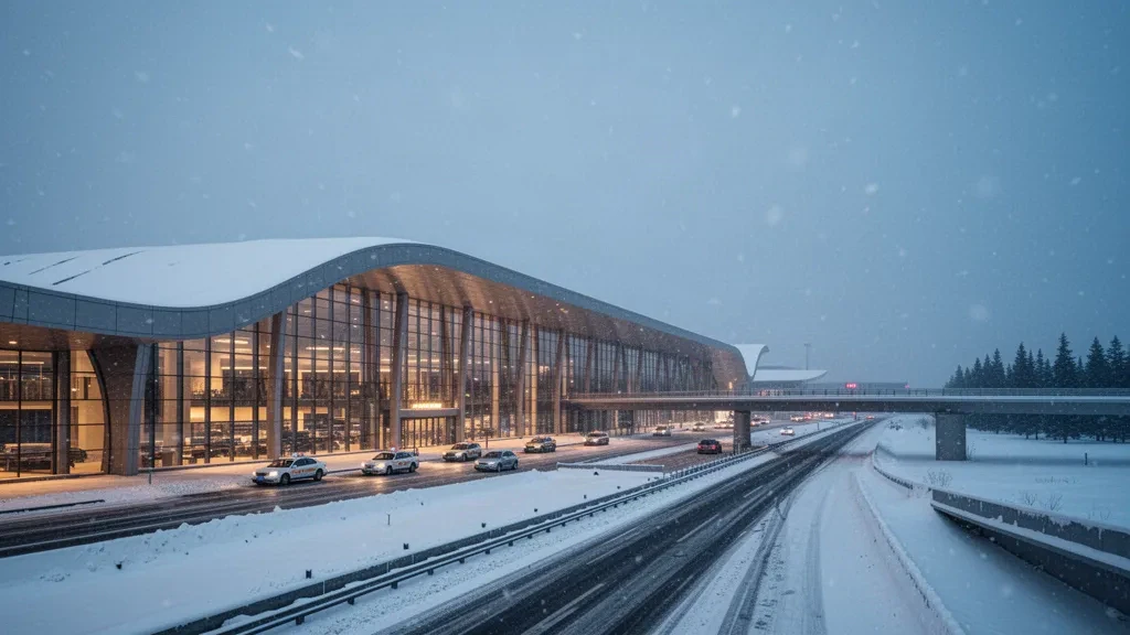 Terminal moderno de cristal del Aeropuerto Internacional de Harbin Taiping al atardecer invernal, con carriles de bajada cubiertos de nieve y luces cálidas.