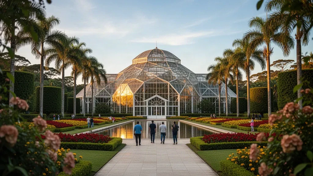 Invernadero de cristal del Jardín Botánico de Curitiba en Paraná, Brasil, enmarcado por palmeras, parterres de flores y un estanque reflectante bajo una luz dorada