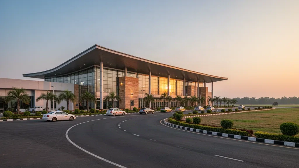 Exterior moderno de la terminal del aeropuerto de Aligarh, en Uttar Pradesh, a la hora dorada, con un patio ajardinado y un carril de desembarque
