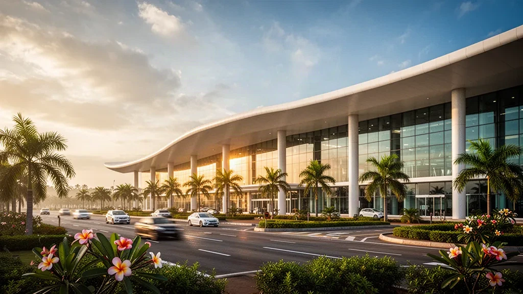 Moderne Glasfassade des Terminals am internationalen Flughafen Mattala Rajapaksa in Sri Lanka zur goldenen Stunde mit tropischer Bepflanzung