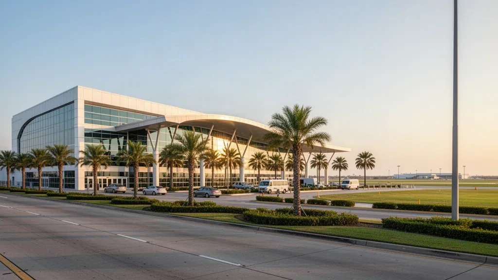 Terminal moderne en verre et voies de dépose à l'aéroport international de Valley à Harlingen, au Texas, sous une chaude lumière dorée