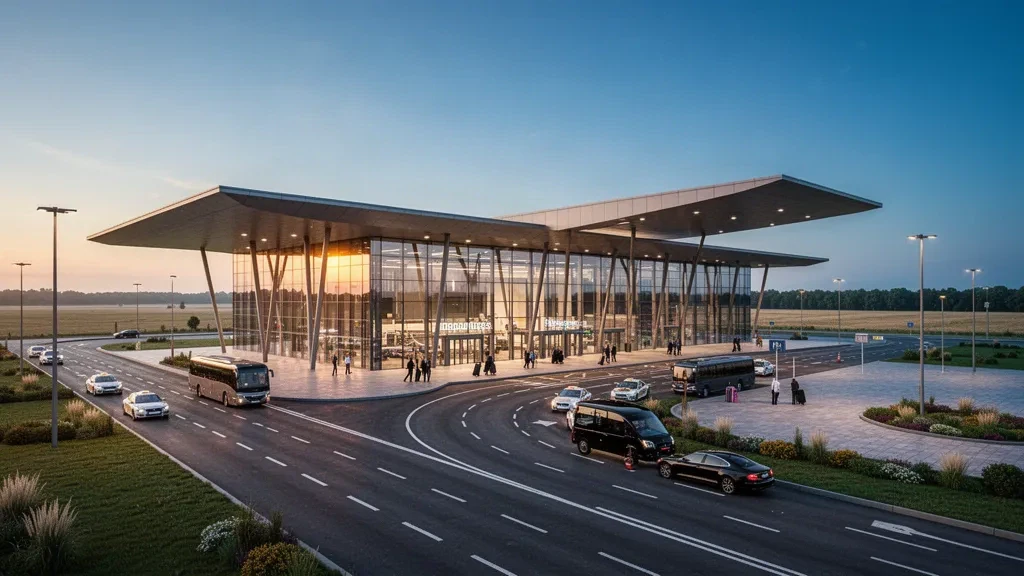 Exterior moderno de terminal acristalada en el Aeropuerto Internacional de Járkov con carriles de descenso, taxis y luz dorada al atardecer sobre la plaza de entrada.