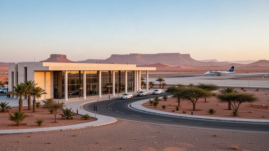 Modernes niedriges Terminal und Vorfeld am Flughafen Hassi R'Mel in der algerischen Sahara zur goldenen Stunde, mit Flugzeugen und offenem Wüstenhorizont