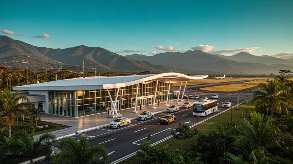 Modern glass terminal and drop-off lane at Herrera Airport in Colombia during golden hour, with Andean hills and tropical greenery.