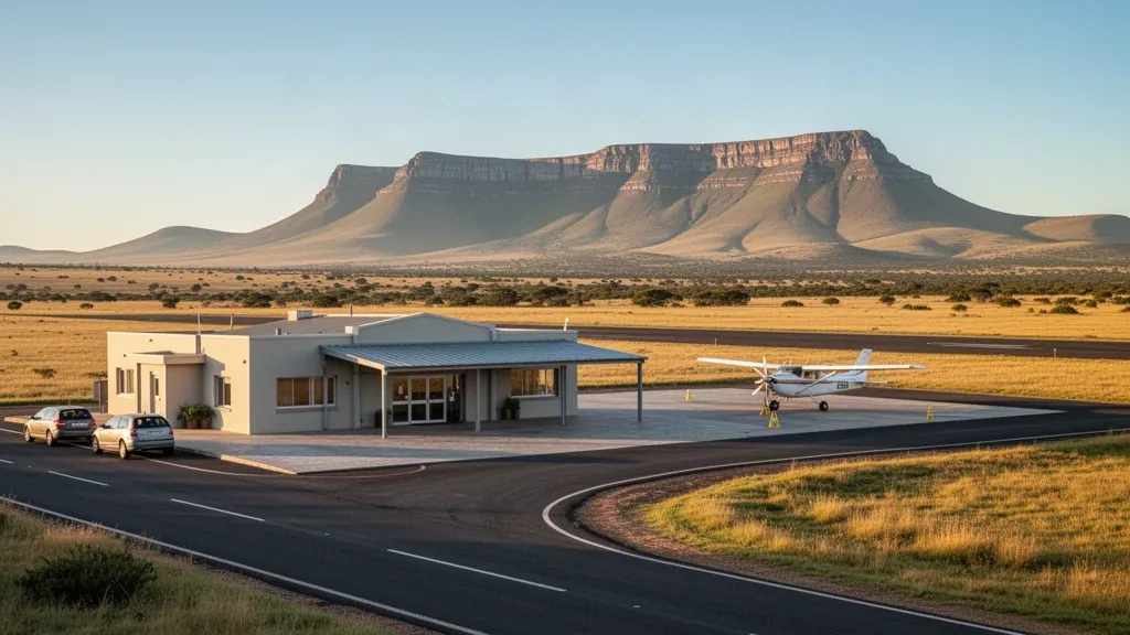 Pequeña terminal de aeródromo regional, plataforma y pista en el aeropuerto de Harrismith, en el alto veld del Estado Libre de Sudáfrica, a la hora dorada