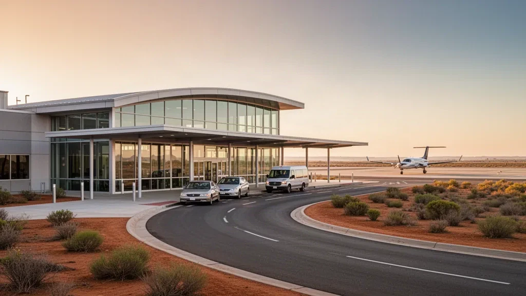 Außenansicht des modernen Terminals am Flughafen Henbury zur goldenen Stunde mit Glasfassade, geschwungener Vorfahrtspur und geparkten Flugzeugen in warmem Abendlicht