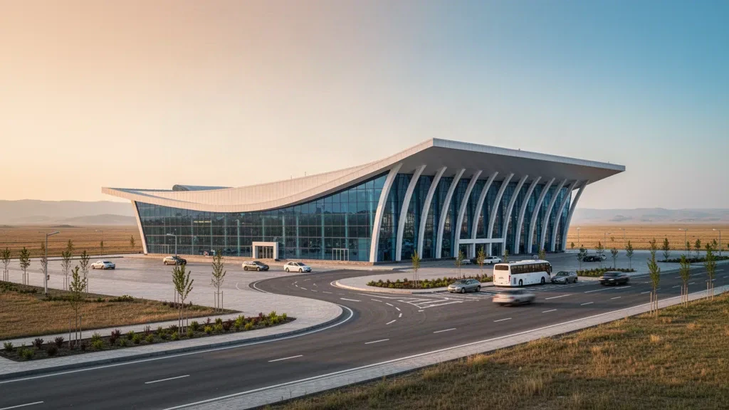 Moderne Glasfassade des Terminals des Internationalen Flughafens Hazrat Sultan bei Turkistan, Kasachstan, zur goldenen Stunde
