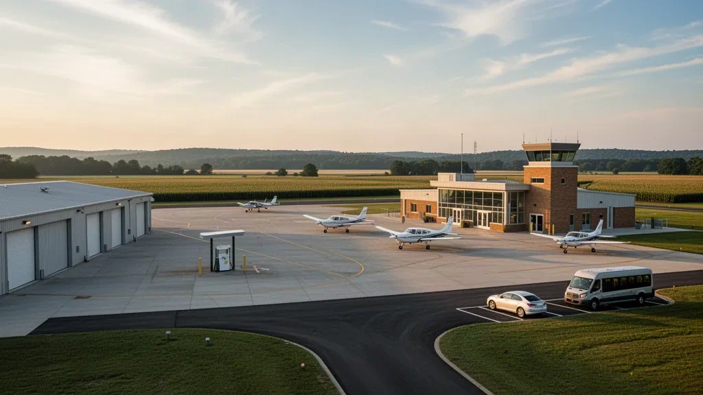 Pequeña terminal de aviación general, hangares y aeronaves ligeras estacionadas en la plataforma del aeropuerto de Harrisburg-Raleigh en Illinois durante la hora dorada