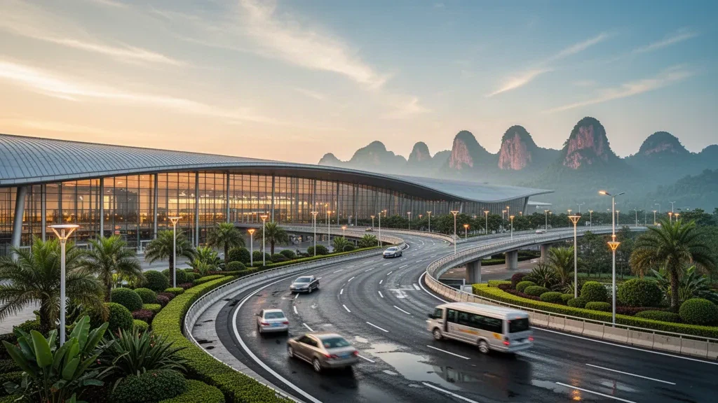 Exterior de terminal moderna de vidrio en el Aeropuerto de Shaoguan Danxia, enmarcado por colinas subtropicales durante la hora dorada