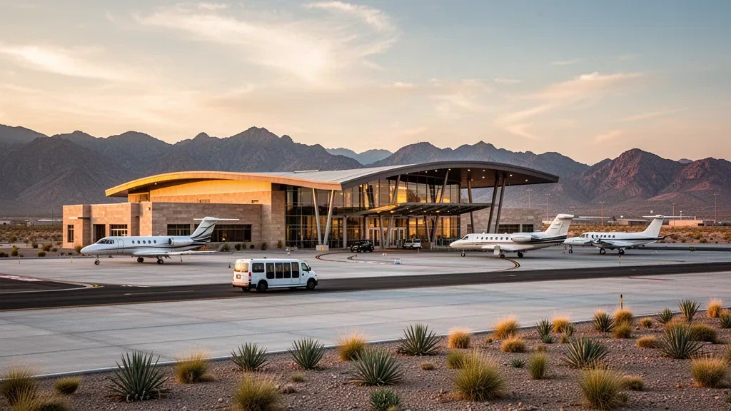 Modern terminal and parked private jets on the apron at Henderson Executive Airport in Nevada during golden-hour desert light