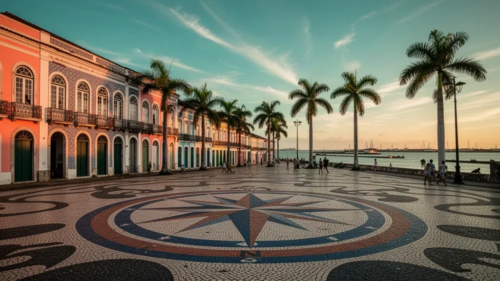 Goldene Stunde am Platz Marco Zero in Recife Antigo, Pernambuco, mit farbenfrohen Kolonialgebäuden und Mosaikpflaster entlang der Uferpromenade