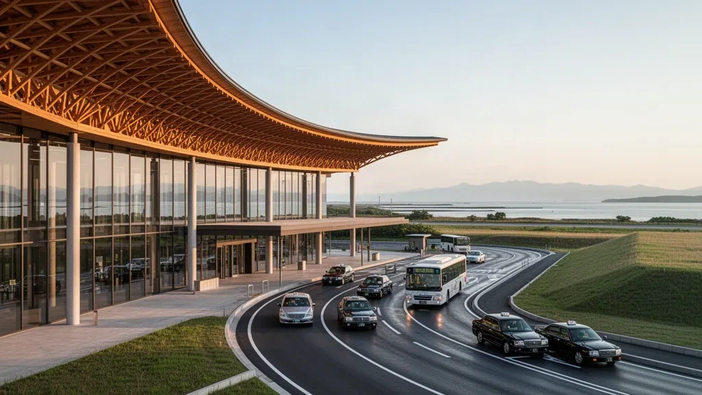 Terminal moderne en bois courbé et verre de l'aéroport international de Kyushu Saga à l'heure dorée, avec voie de dépose et horizon côtier sur la mer