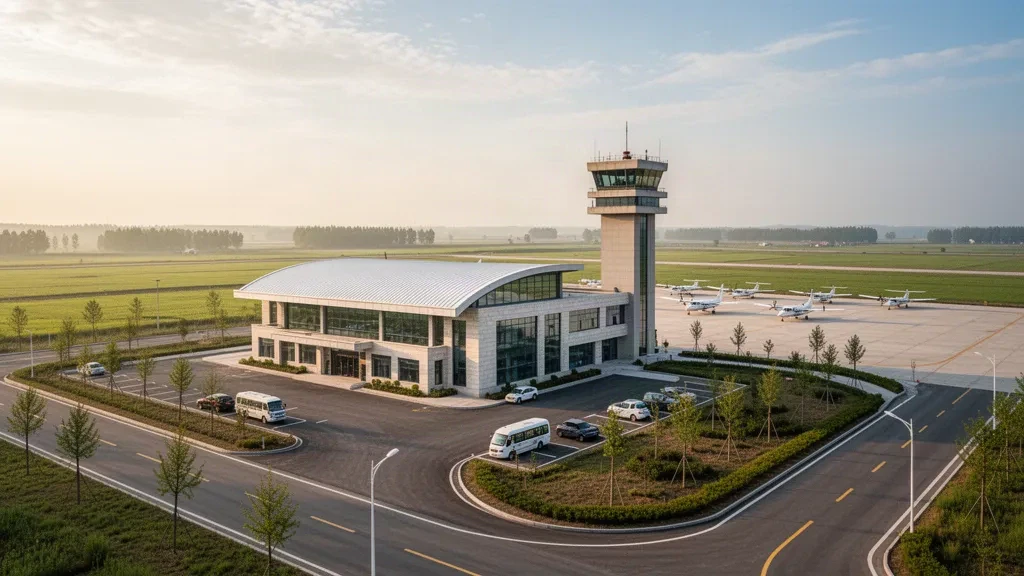Terminal moderno, torre di controllo e piccoli aerei leggeri parcheggiati sul piazzale dell'Aeroporto di Zhengzhou Shangjie, nello Henan, in un pomeriggio dorato