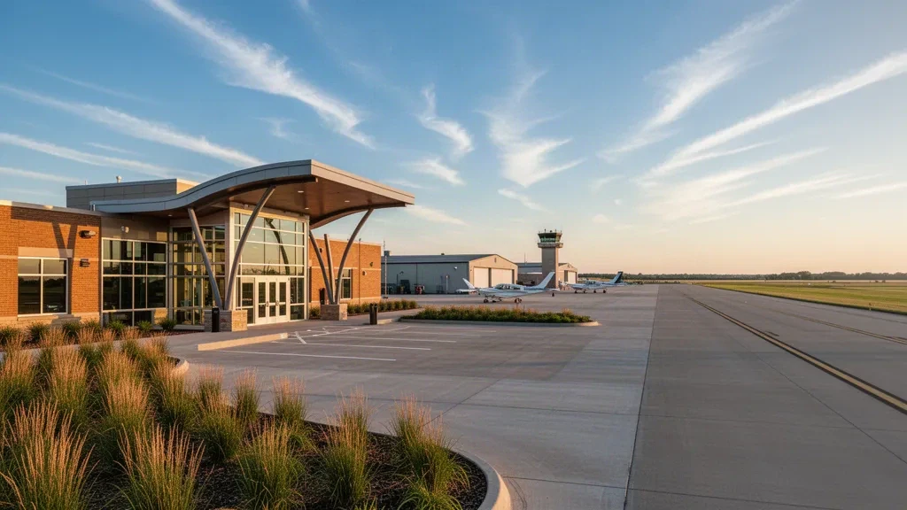 Nebraska'daki Hastings Municipal Havaalanı'nda altın saat ışığı altında modern terminal ve pist, seyahat web sitesi içeriği için açık alan ile.
