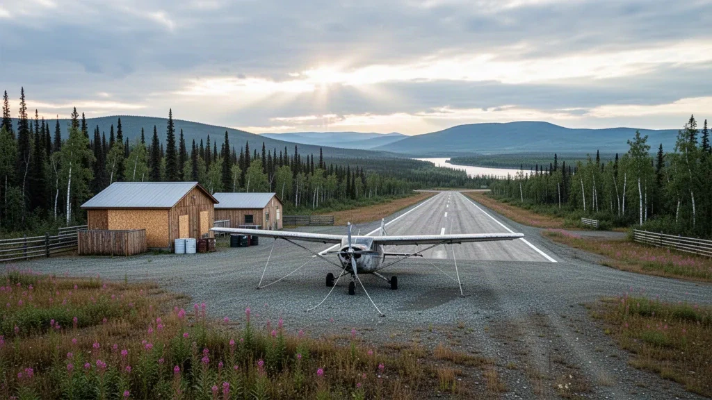 Schotterpiste und kleines Buschflugzeug am abgelegenen Flughafen Huslia in Alaska, umrahmt von borealem Wald unter sanftem subarktischem Licht