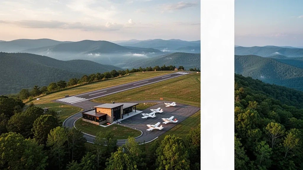 Ingalls Field airport in Hot Springs, Virginia, with its ridgetop runway, small terminal and forested Allegheny Mountain ridges at sunrise
