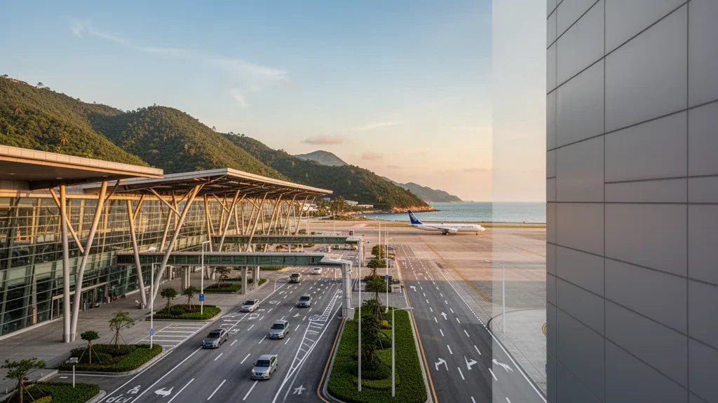Modern glass terminal of Zhoushan Putuoshan International Airport with coastal hills and sea, aircraft on tarmac, golden hour.