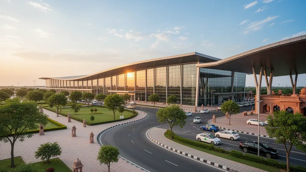 Modern glass terminal exterior at Maharaja Agrasen International Airport in Hisar, Haryana, India, with drop-off lanes at golden hour.