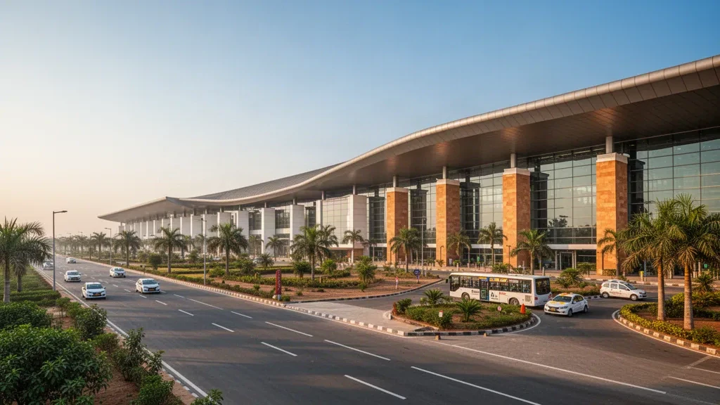 Exterior de la terminal moderna y vías de acceso en el Aeropuerto Internacional de Rajkot, en Hirasar, Gujarat, durante la hora dorada.