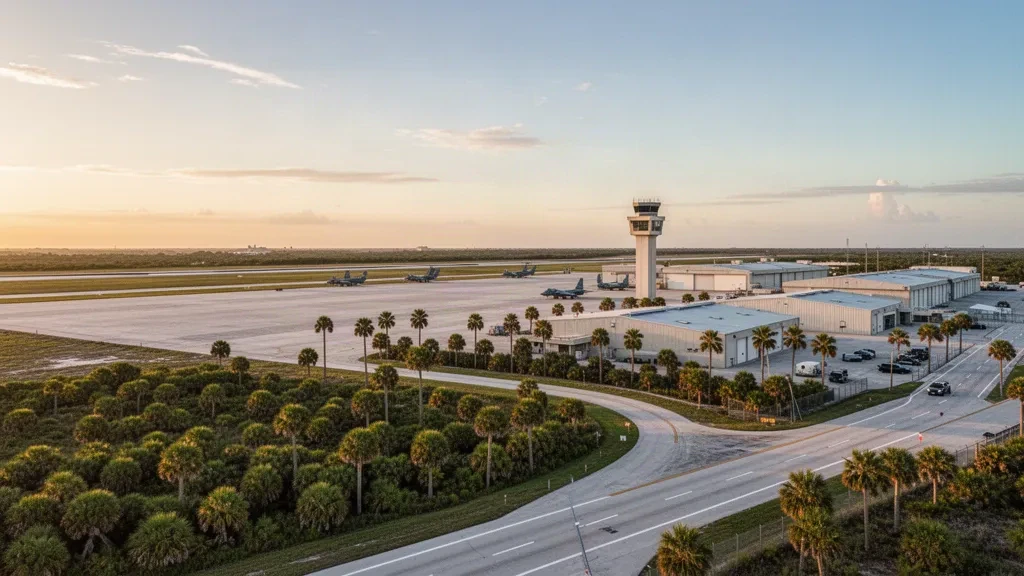 Golden-hour view of Homestead Air Reserve Base runway, hangars and control tower in South Florida