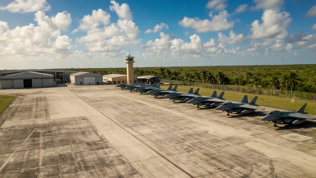Flight line, hangars and parked fighter jets at Homestead Air Reserve Base HST airfield in South Florida under clear subtropical skies
