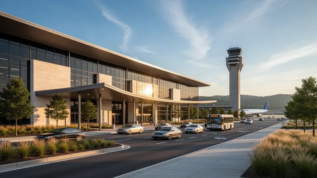Alabama'daki Huntsville Uluslararası Havalimanı'nda altın saatlerde modern cam terminal binasının dış cephesi ve yolcu indirme şeritleri