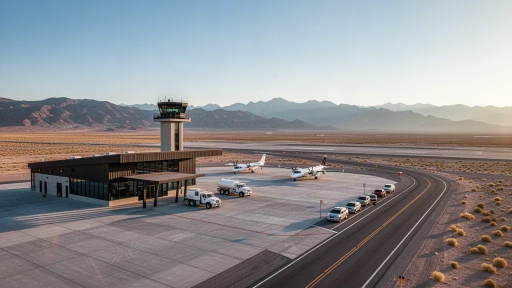 Terminal en el desierto y plataforma bañada por el sol en el aeropuerto Hawthorne Industrial de Nevada, con aviones estacionados y montañas al fondo