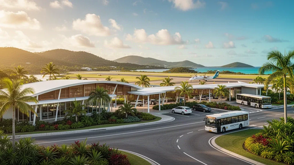 Modernes tropisches Terminal und Startbahn am Hamilton Island Airport in den Whitsundays, Queensland, mit goldenem Abendlicht und palmengesäumter Zufahrtsstraße