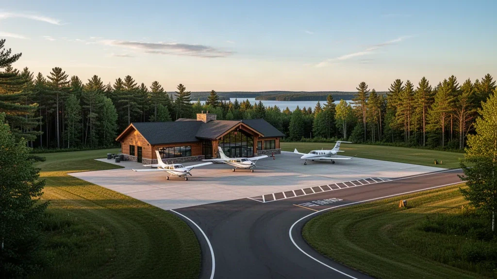 Kleines Terminal und Vorfeld mit Flugzeug am Roscommon County–Blodgett Memorial Airport in Houghton Lake, Michigan, umgeben von Kiefernwald zur goldenen Stunde