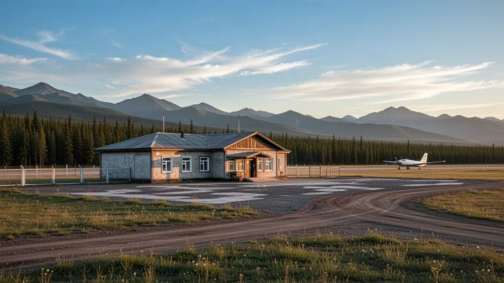 Terminal remota del aeropuerto de Khatgal en la región de Khövsgöl, en el norte de Mongolia, rodeada de bosque de taiga y crestas montañosas durante la hora dorada.