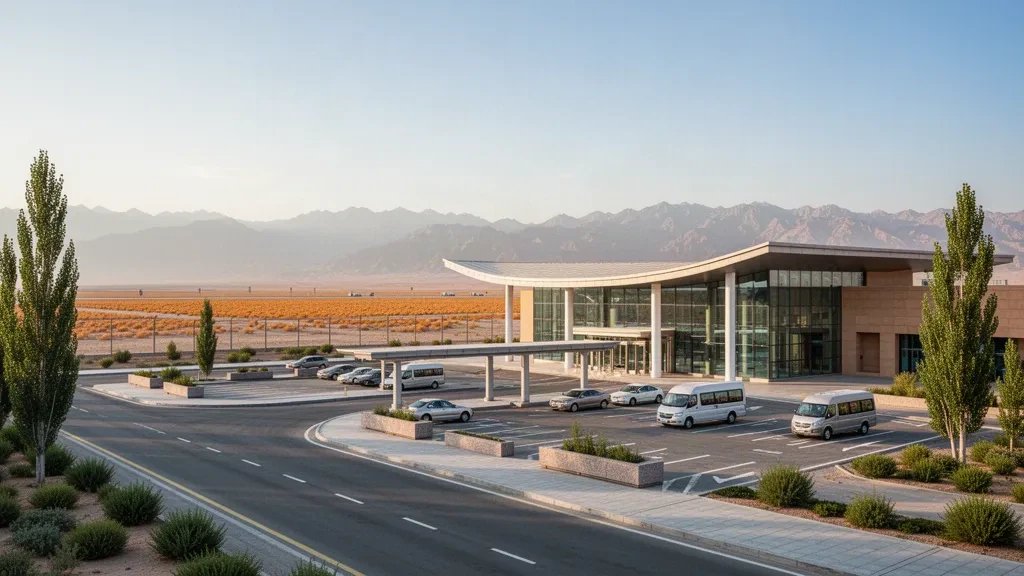 Terminal moderne en verre et voie de dépose le long du trottoir à l'aéroport de Hotan dans le Xinjiang, entouré d'un terrain désertique et des montagnes Kunlun au loin à l'heure dorée.