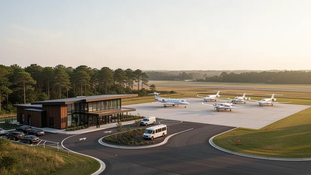 Low-rise terminal and parked private jets on the apron at East Hampton Airport in Wainscott, New York, in warm late-afternoon light.