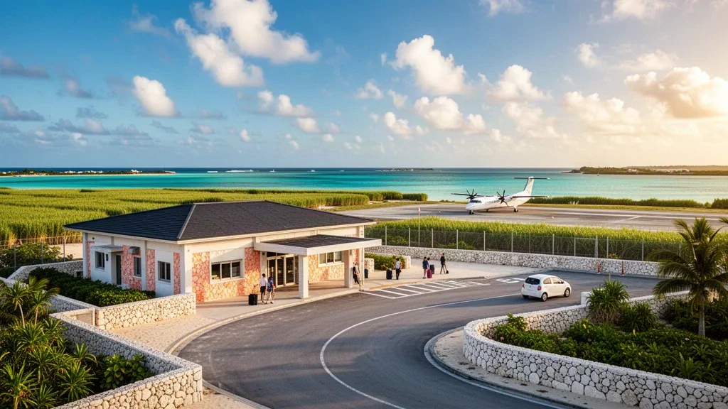 Pequeña terminal insular y carril de descenso en el aeropuerto de Hateruma, en Okinawa, con campos de caña de azúcar y una laguna de arrecife turquesa bajo una luz dorada